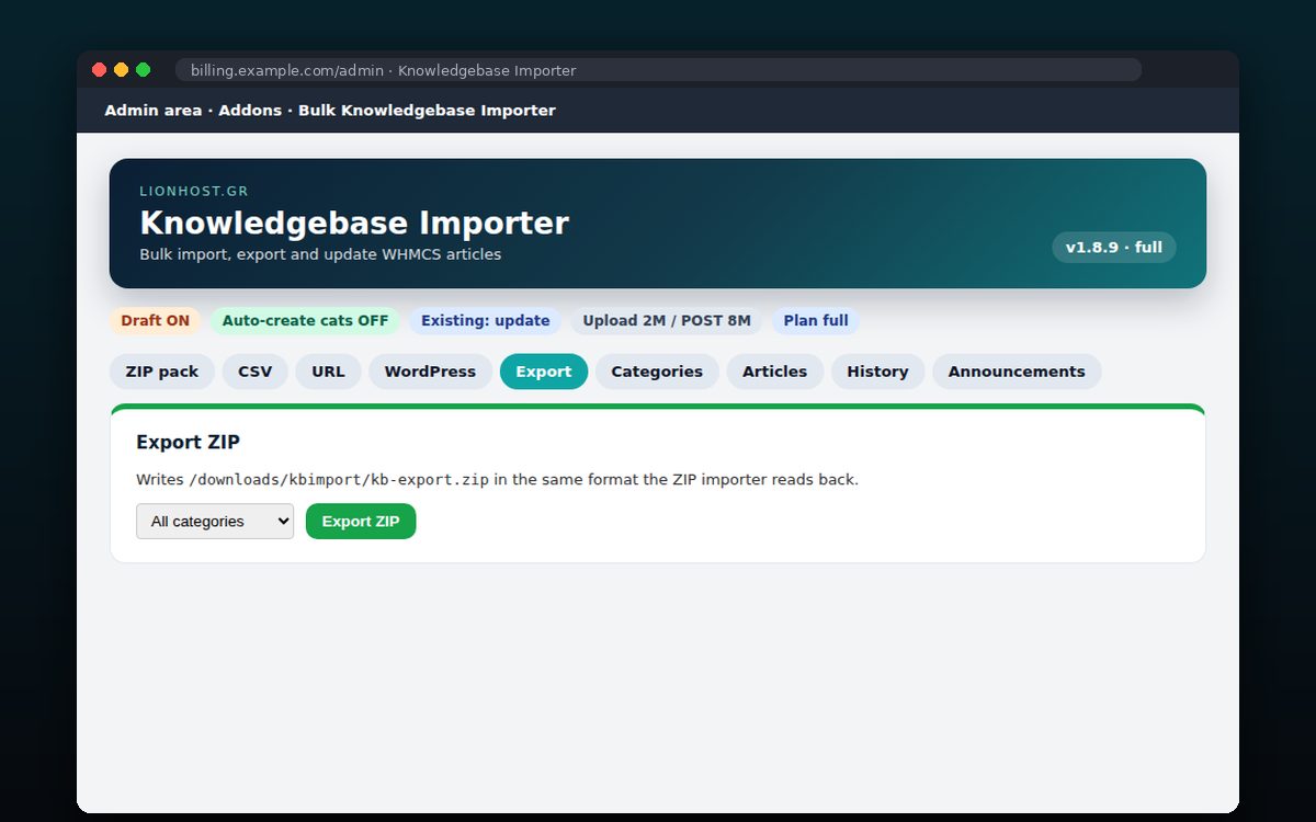 Bulk Knowledgebase Importer — Export for backup or migration
