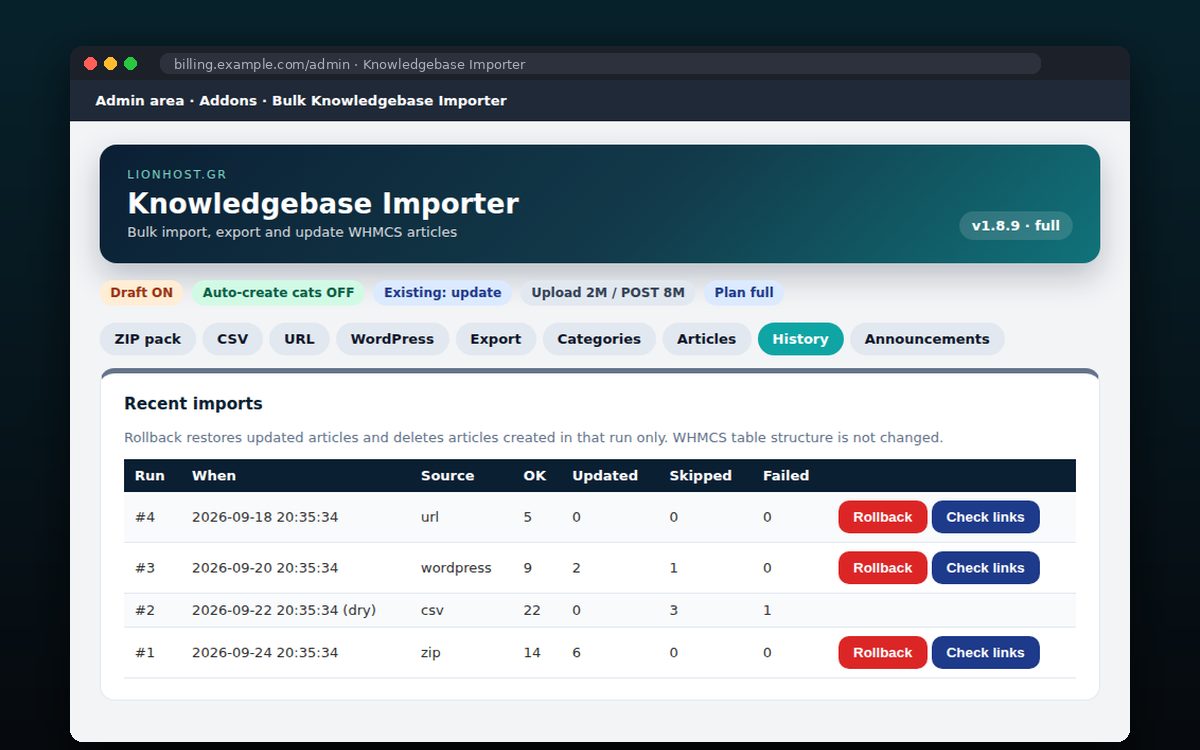 Bulk Knowledgebase Importer — History with undo