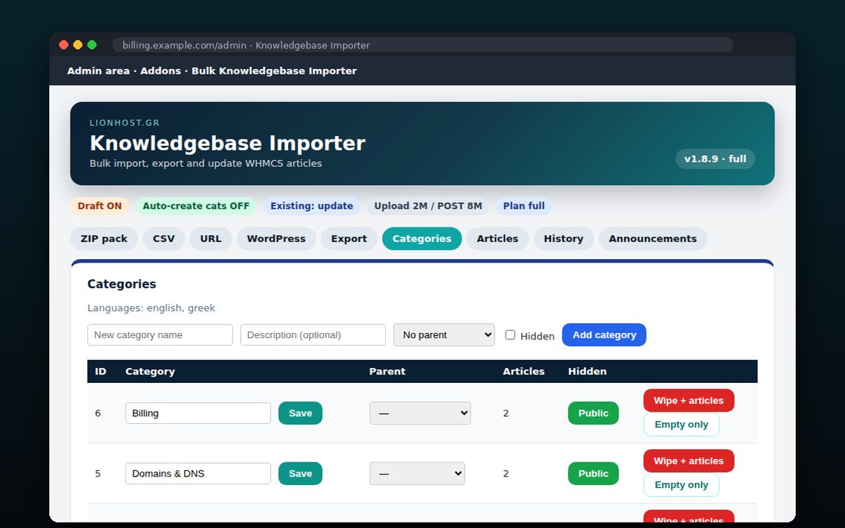 Bulk Knowledgebase Importer — Categories and articles