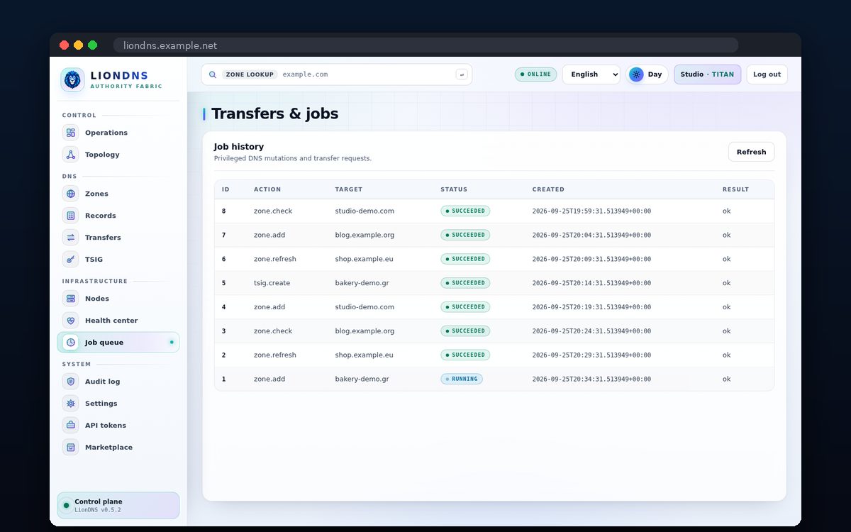 LionDNS — Action history