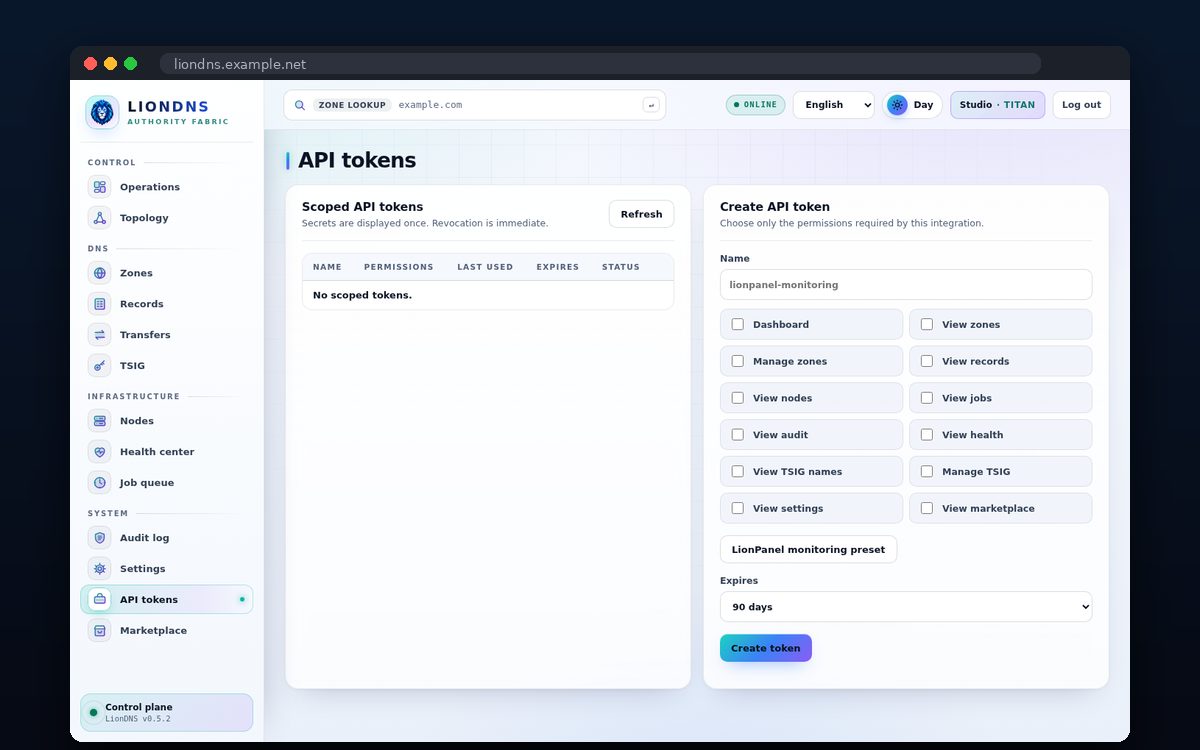 LionDNS — Scoped API tokens